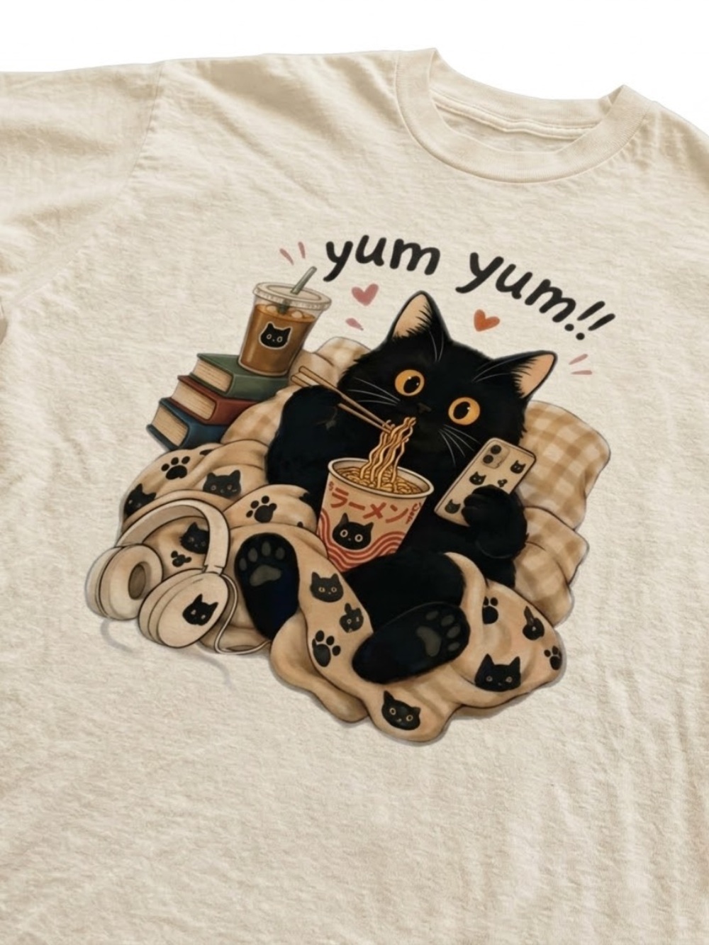 Off White Graphic Tee with Black Cat 'Yum Yum' Print - Picture 2 of 3